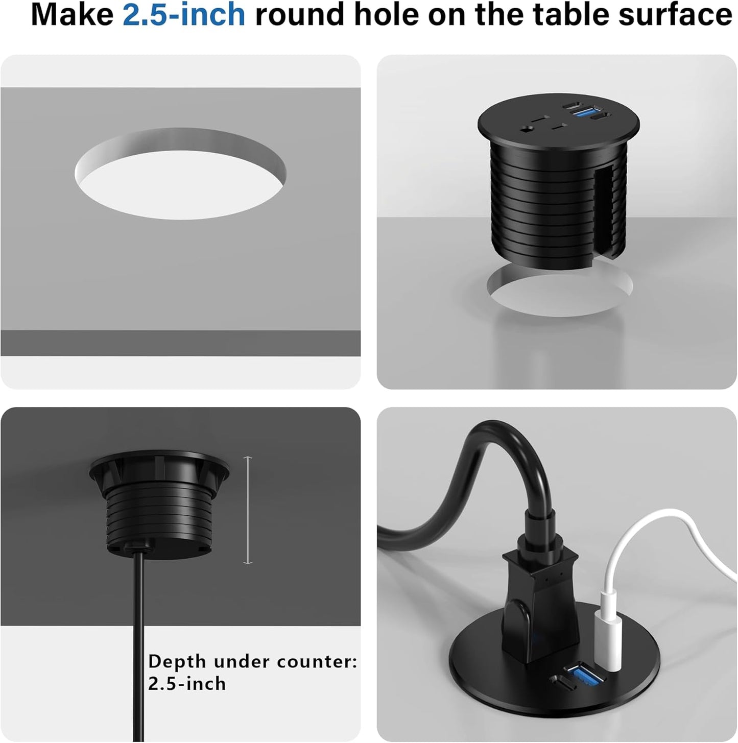 2.5 inch Power Grommet,20W USB-C Charging,1 Outlet with 2 USB C,1 USB Port,Furniture Flush Mount for Desktop,Recessed Power Strip,Workspace Essential Desk Outlet,2PCS (Black, 2 PCS-6FT Cord)