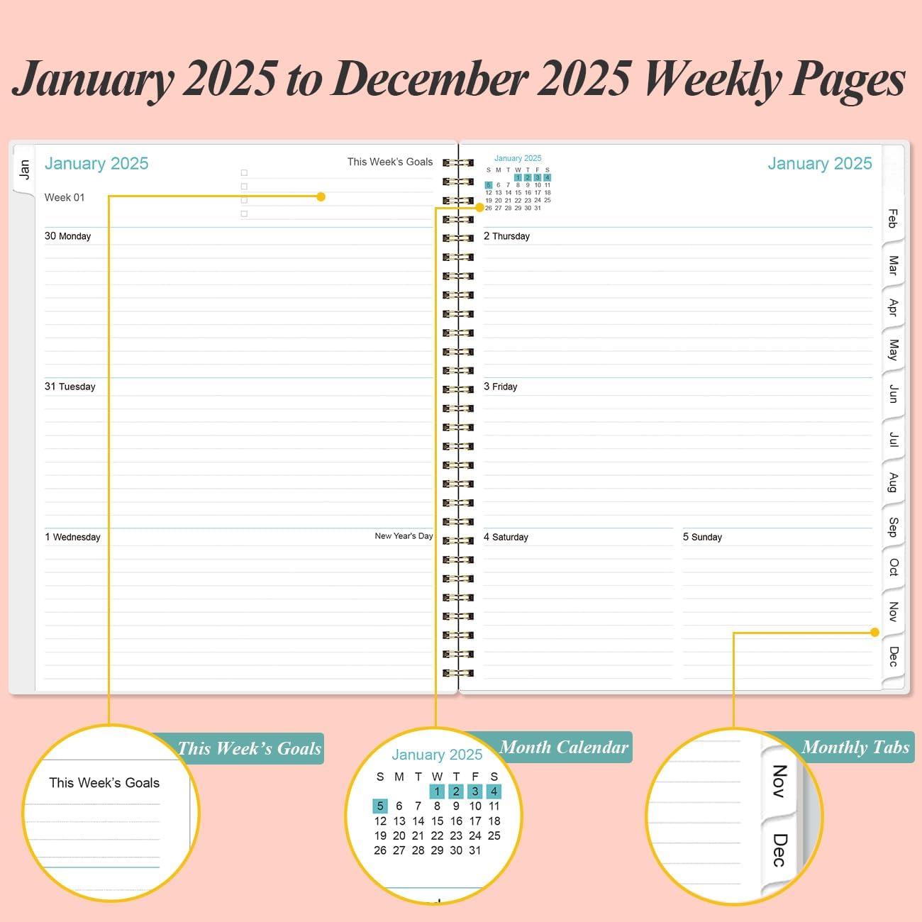 2025 Planner - Planner 2025 from January 2025 to December 2025 with 12 Monthly Tabs, Flexible Cover, Inner Pocket, 8.5" x 11", Pink