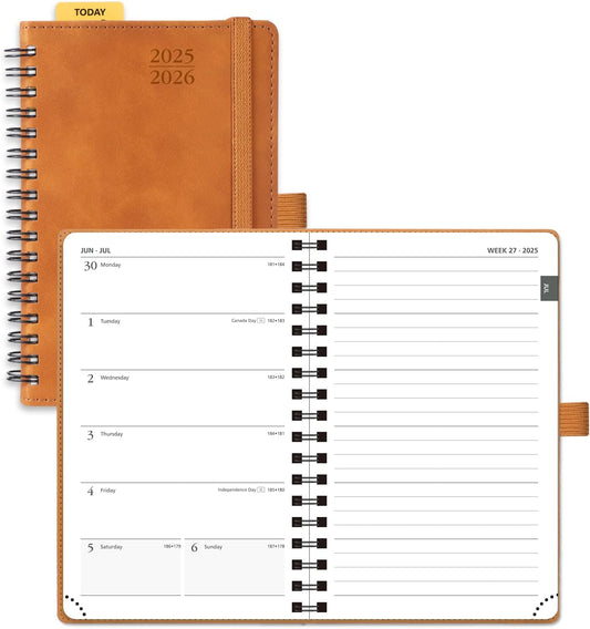 POPRUN Planner 2025-2026 Weekly Notebook (Pocket Size 4''x 6.25''), Small Academic Calendar for Purse with Spiral Soft Cover, Plastic Ruler, Inner Pocket, 100 GSM - Brown