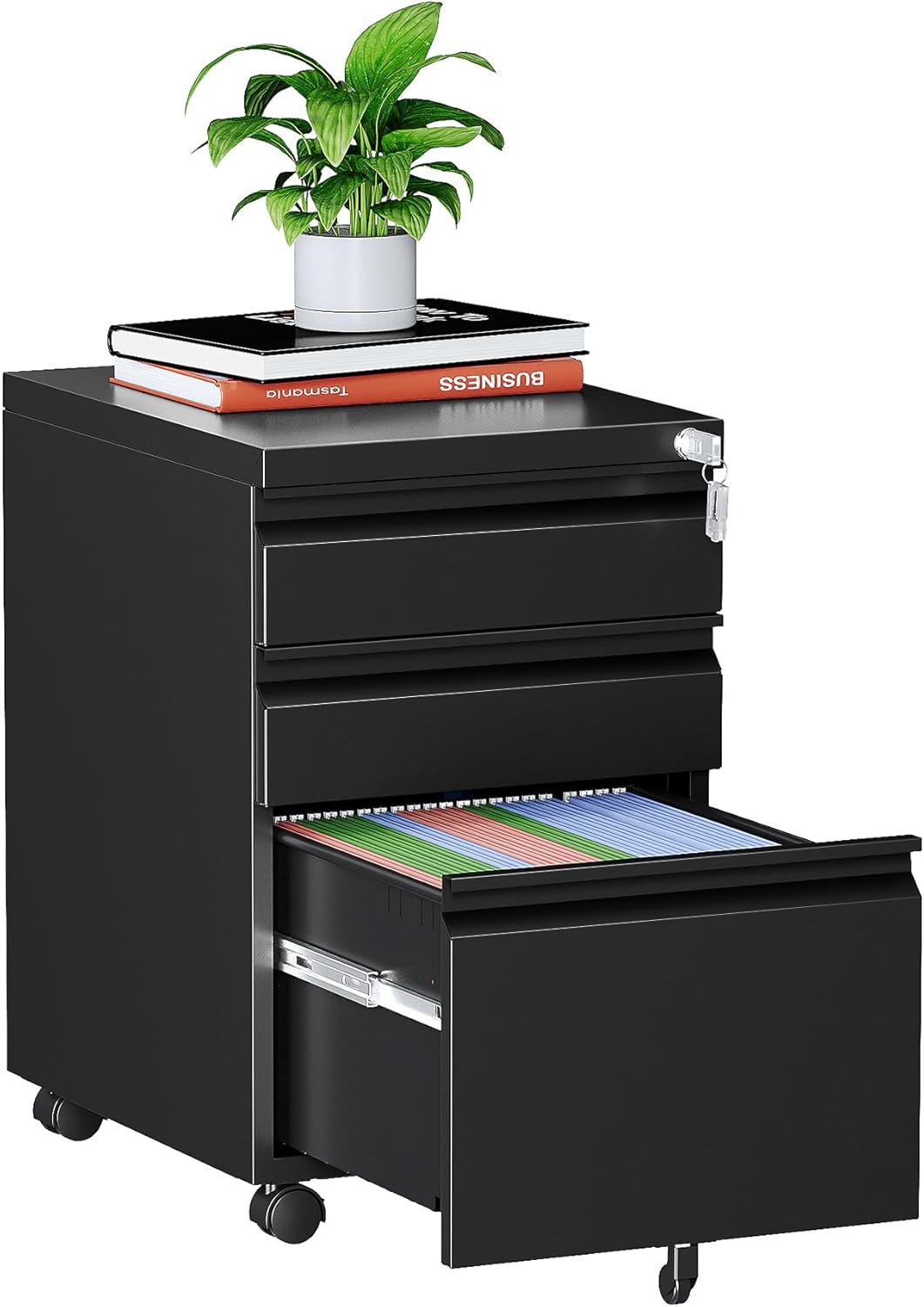 MIIIKO 3 Drawer File Cabinet on Wheels, Home Office Mobile File Cabinet Under Desk, Full Assembled Metal Filing Cabinets with Lock for Legal/Letter/A4 File Folders