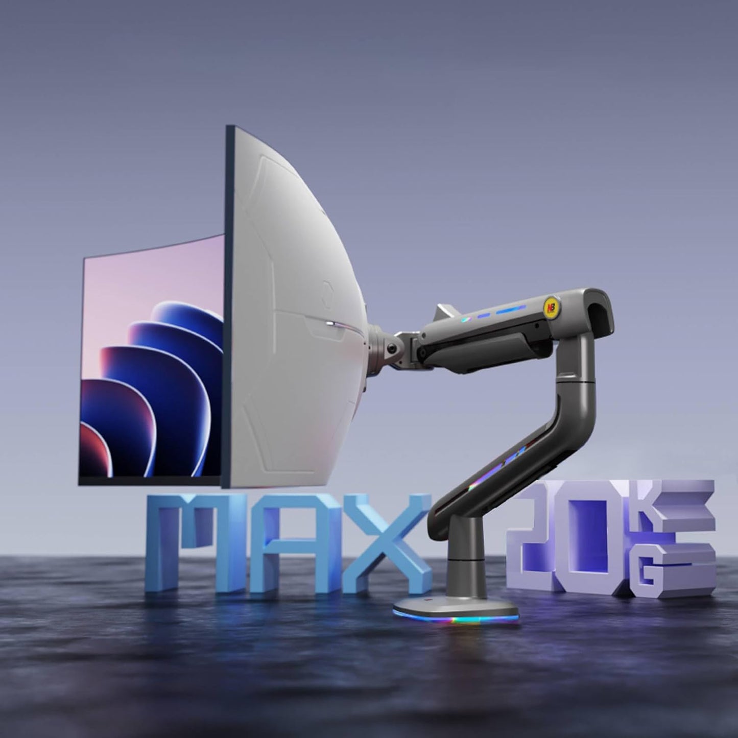 NB Gaming Monitor Arm for Screen up to 60 inches, Holds 44 lbs(20 kg), VESA 75/100, RGB Light, Heavy Duty Monitor Stand, Aluminum Ultrawide Screen Mount Height Angle Adjustable Grey Black