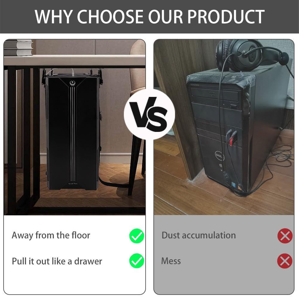 Under Desk Slide Out PC Mount with Anti-Scratch Sponge, Adjustable CPU Holder Bracket for Computer Tower (Black (Slide Access))