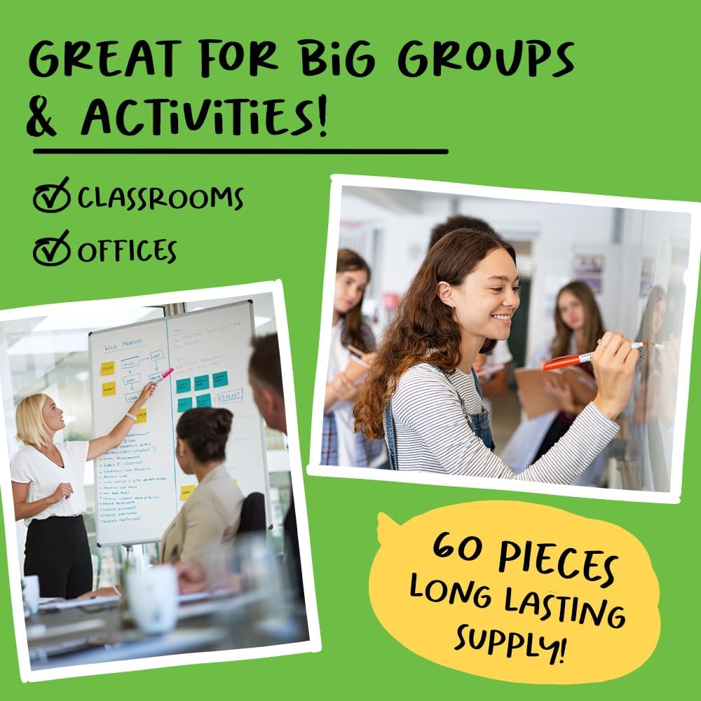 Chalkola 60 Fine Tip Dry Erase Markers Bulk (60 Pack, 12 Colors) | Non toxic, Low Odor Whiteboard Markers for Kids, Teachers, Office, School, Classroom Supplies - Thin Point White Board Dry Erase Pens