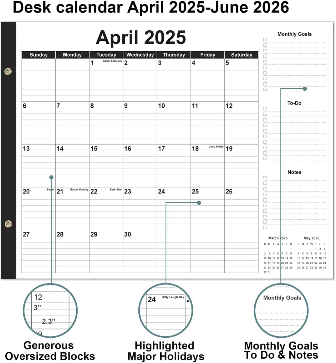 Large Desk Calendar 2025-2026 - 22" x 17" Desk Calendar from April 2025 - June 2026, Desktop Pad Calendar Perfect for Planning and Organizing In Your Home, School or Office, Black