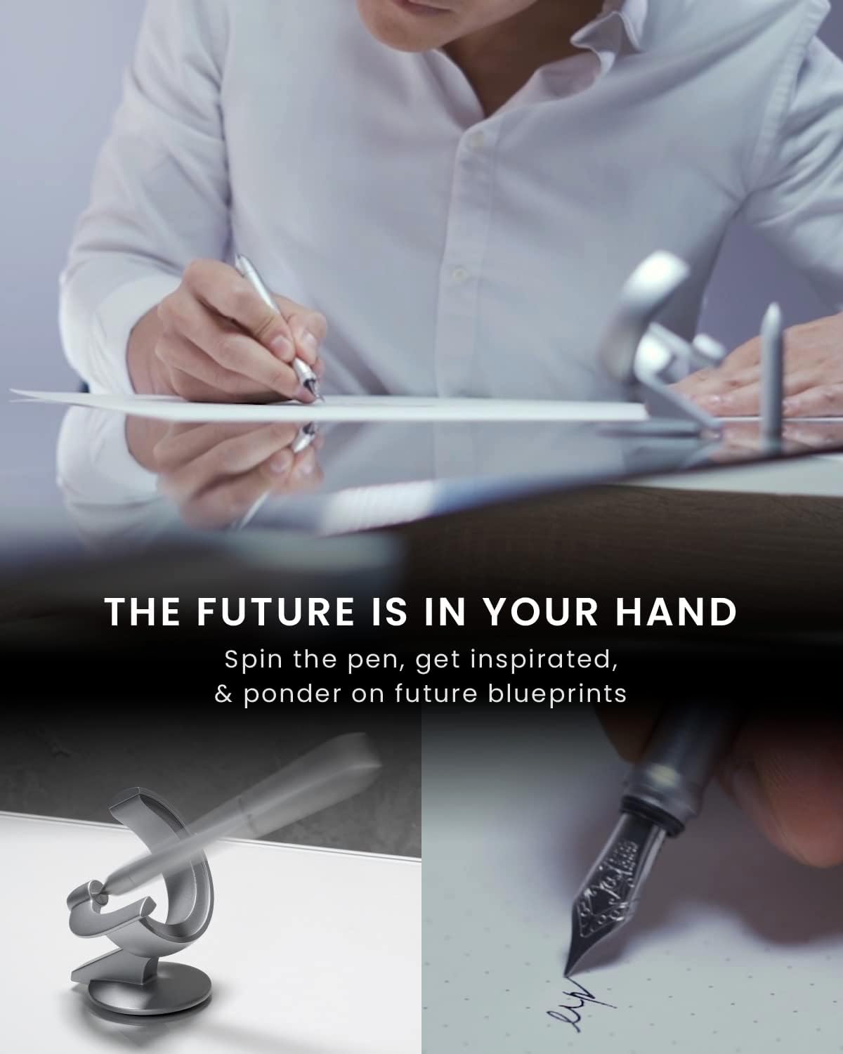 novium Hoverpen Future Edition - Luxury Fountain Pen & Rollerball Pen All-In Gift Box, Fine Nib, Futuristic Aesthetic, Aerospace Metal Made, Free Spinning Executive Pen, Mens Gift Ideas (Frost Silver)