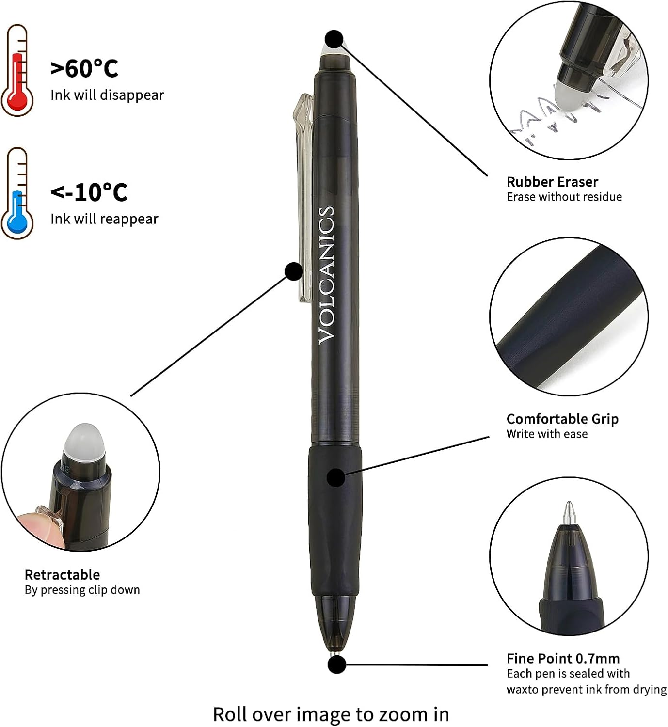 Volcanics Retractable Clicker Erasable Gel Pens - 0.7mm Ball Point, Heat Erase with Built-in Eraser, 12 Pack Black and Blue