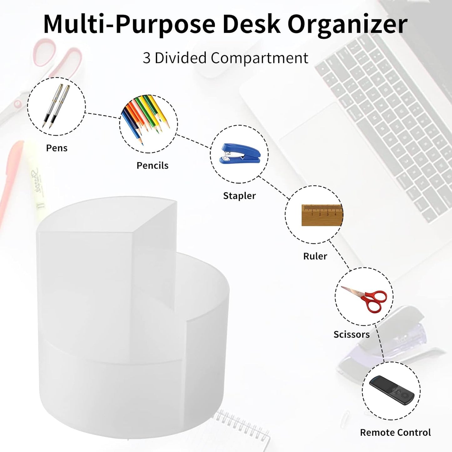 Desk Pencil Pen Holder, 3 Slots 360-Degree Spinning Organizers, Desktop Storage Stationery Supplies, Cute Cup Pot for Office, School, Art Supply, Kids - Clear