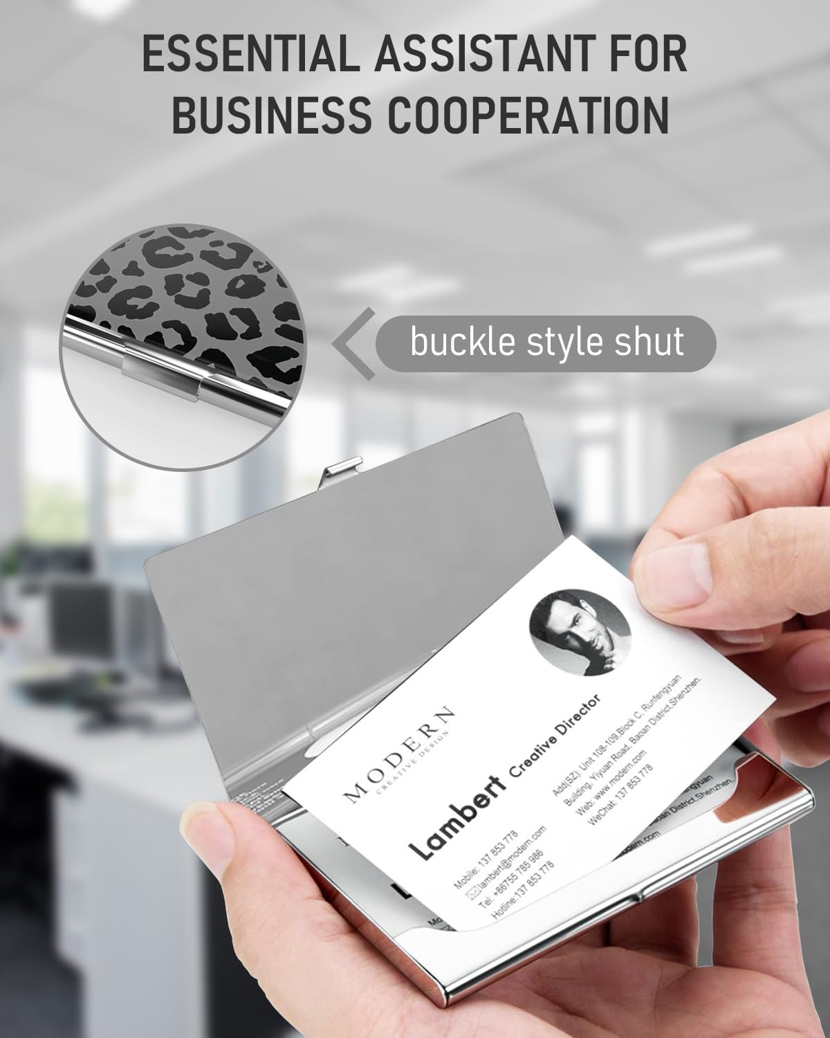 Business Card Metal Slim Organizer, Professional Stainless Steel Square Pocket Wallet for Office Workers, Compact and Portable for Pockets (Grey Snow Leopard A)