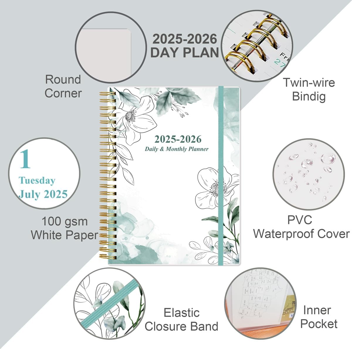2025-2026 Daily & Monthly Planner - One Page Per Day, Daily Planner 2025-2026 from July 2025 to June 2026, Planner 25-26 with 12 Monthly Tabs, 6.4" x 8.5", Teal Flowers