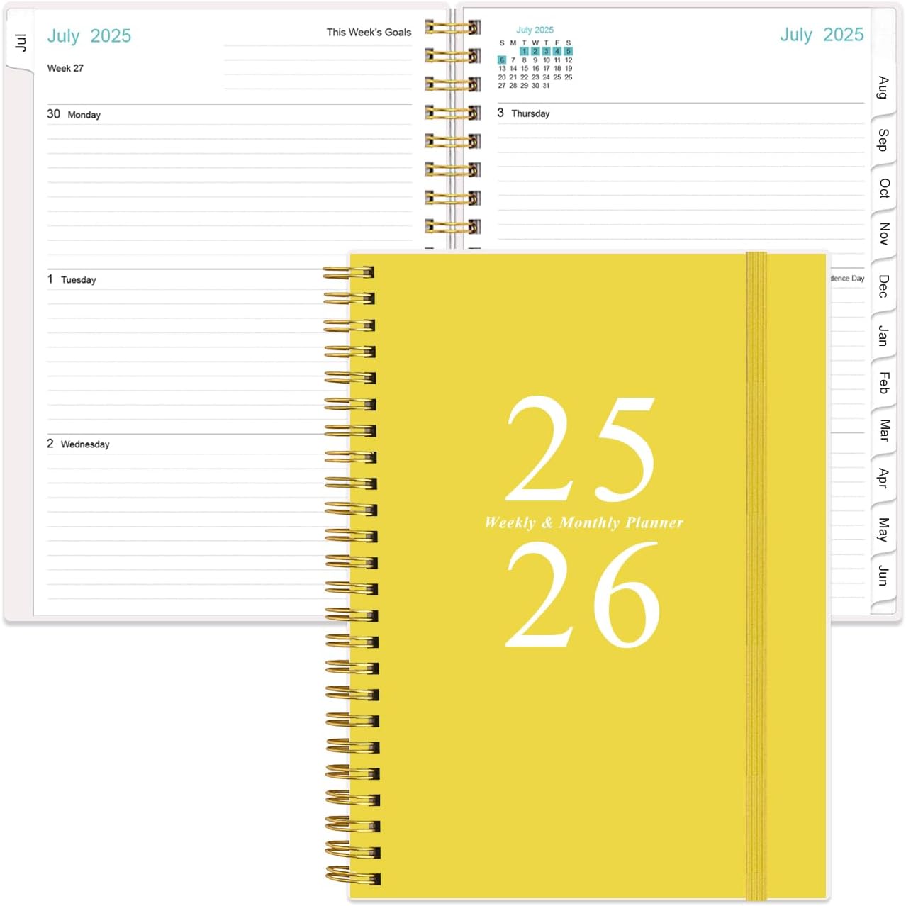 Planner 2025-2026 - A5 Weekly & Monthly Planner Spiral Bound, July 2025 - June 2026, Academic Planner 2025-2026 with Flexible Cover, Tabs, Inner Pocket, 6.4" x 8.5", Yellow
