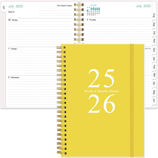 Planner 2025-2026 - A5 Weekly & Monthly Planner Spiral Bound, July 2025 - June 2026, Academic Planner 2025-2026 with Flexible Cover, Tabs, Inner Pocket, 6.4" x 8.5", Yellow