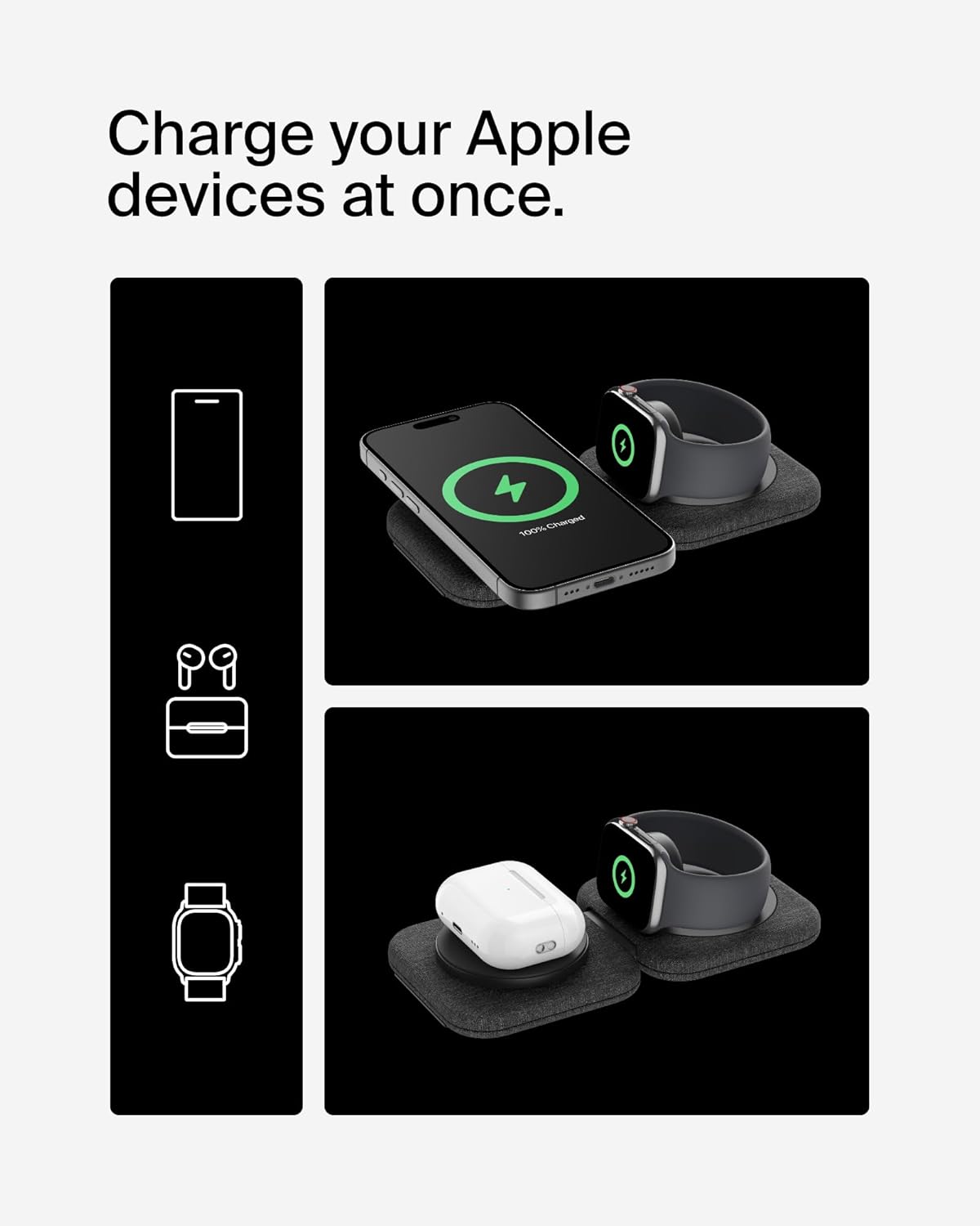 Belkin 2-in-1 Magnetic Charging Travel Pad 15W - MagSafe-Compatible Foldable Qi2-Certified Wireless Charging Station, iPhone Charger for iPhone 16 Series, Apple Watch 9, AirPods, and More - Black