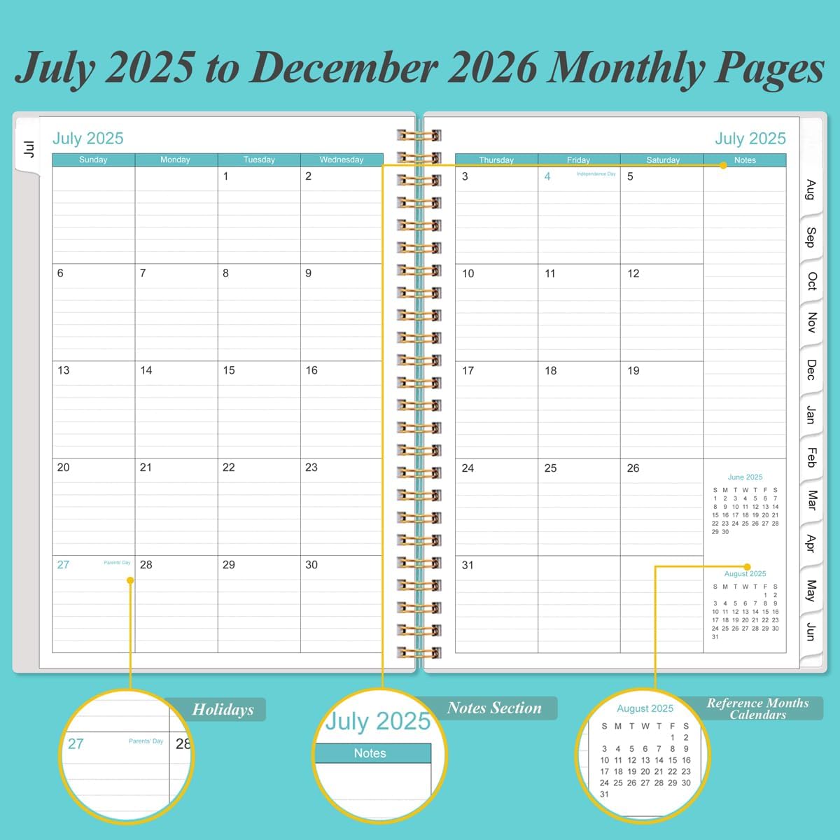 2025-2026 Monthly Planner - July 2025 - December 2026, Two Pages Per Month, 18 Monthly Calendar/Planner with Tabs, Strong Twin-Wire Binding, Inner Pocket, 6.4" x 8.5", Teal Flowers