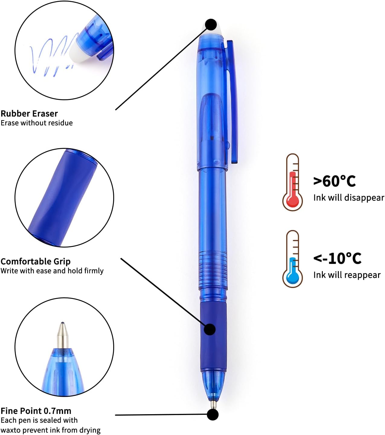 Volcanics 36 Pack Blue Erasable Gel Pens, 0.7mm Fine Point, Smooth & Fast-Drying Ink, Capped Design, Refillable School Office Pens for Students, Teachers, Note Taking & Journaling