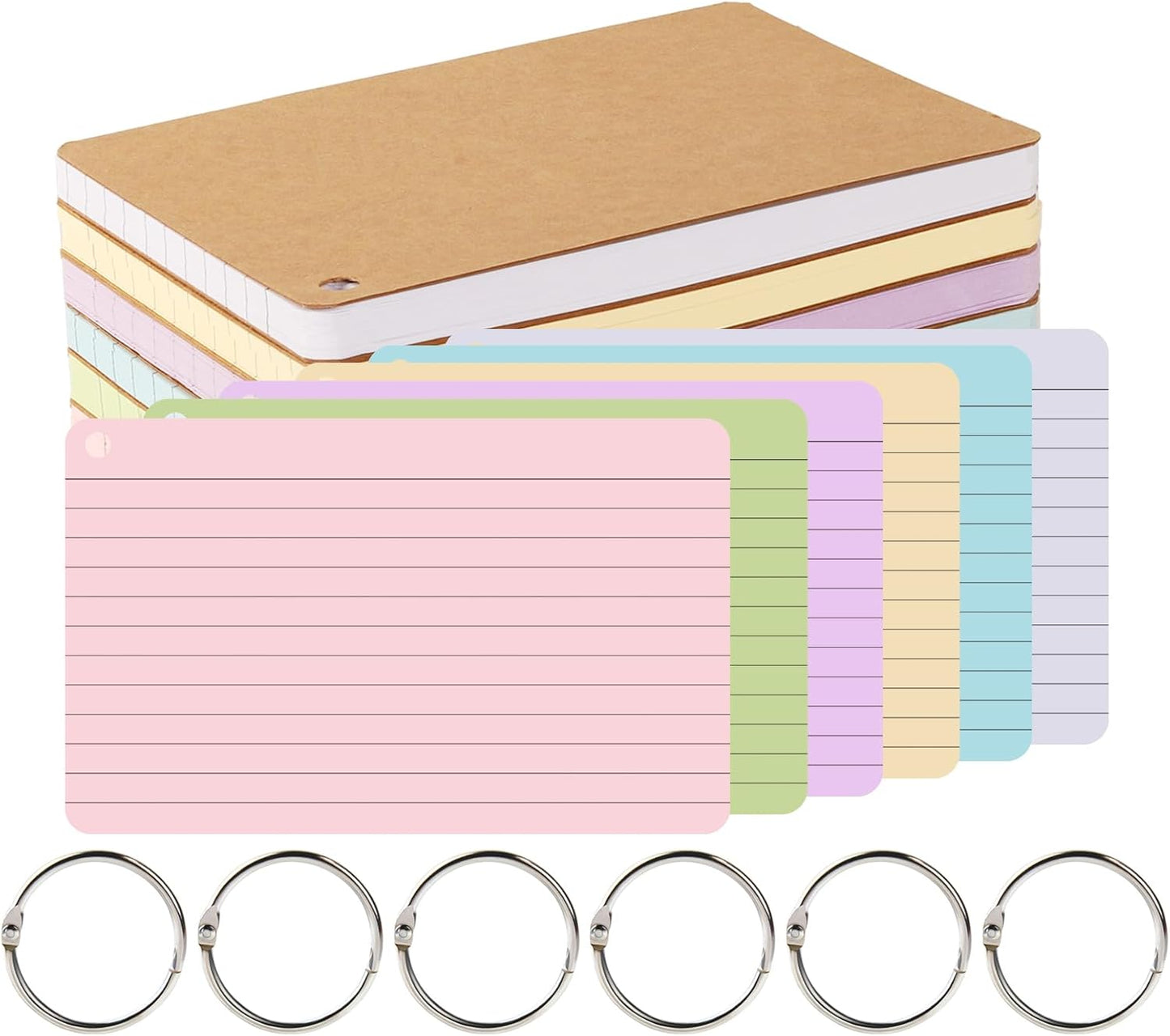 6 Pack 360 Pcs Lined Index Cards 5 x 8 Inches, Assorted Colored Flash Cards with Ring, Lined Note Cards Study Flashcards for School, Office, College