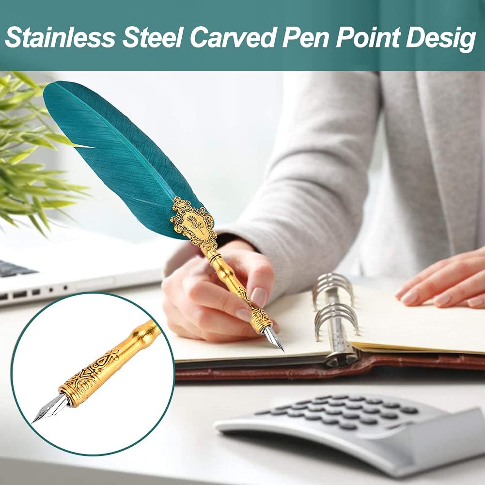 Retro Classical Dip Writing Pen,European Fountain Pen,5 Replacement Luxury Dip Pen Nips,Pen Stand Base,Writing Pen Ink Bottle Set Gift Box for