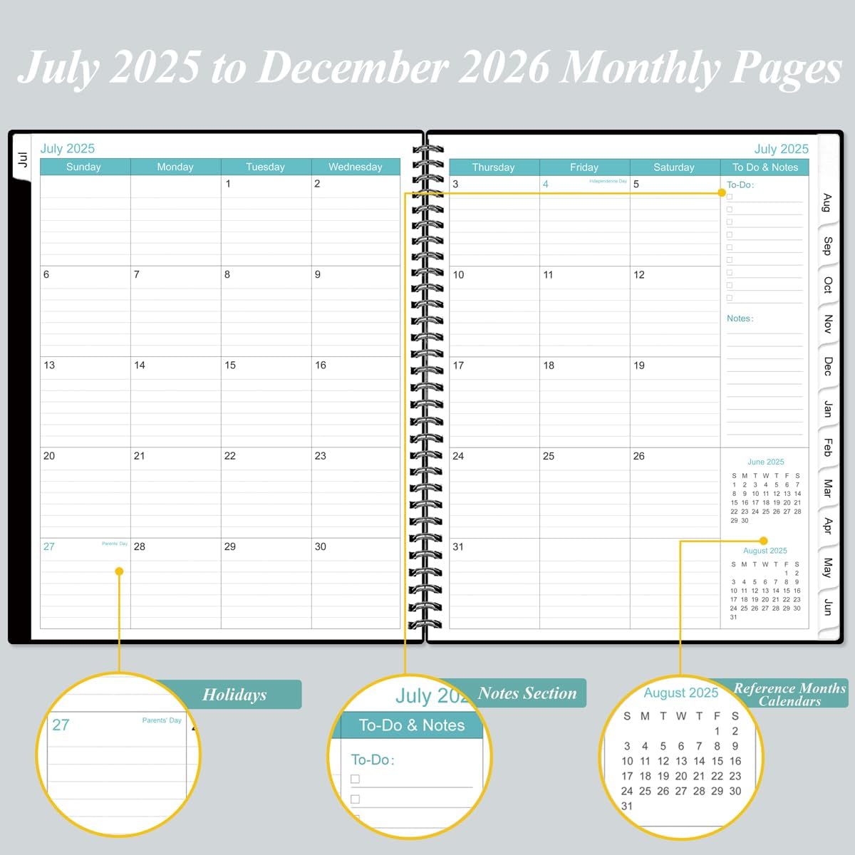 2025-2026 Monthly Planner - 18 Monthly Calendar, July 2025 - December 2026, Two Pages Per Month, 9" x11" Planner with Tabs, Strong Twin-Wire Binding, Inner Pocket, Black