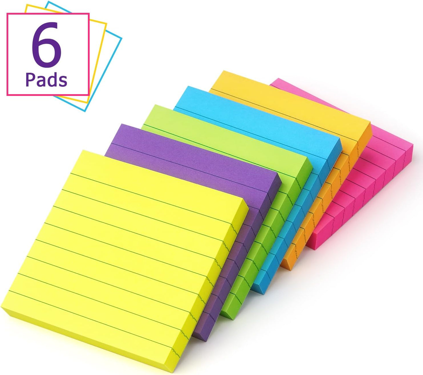 6 Pads Lined Sticky Notes 3x3 Sticky Notes with Lines Self-Stick Note Pads 6 Bright Multi Colors,100 Sheet/Pad