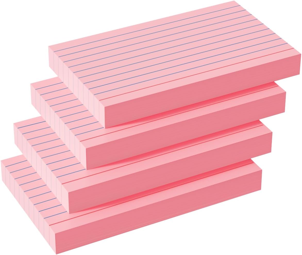 Pink Index Cards 3x5, 200 Pack, Ruled Index Cards, Flash Cards for Studying, Heavy Note Cards for Office, Home and School, 4 Packs of 50