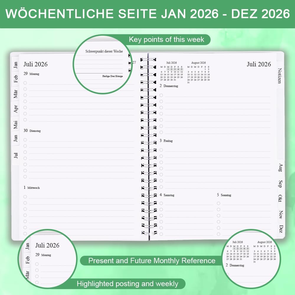 2025-2026 Planner - Monthly Planner Runs July 2025 to June 2026, 6.25" x 8.25", 12 Monthly Tabs, 14 Notes Page, Inner Pocket, Flexible Cover with Twin-Wire Binding, Planners 2025-2026, Green