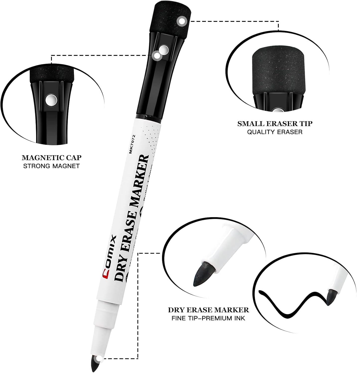 Comix Magnetic Dry Erase Markers, Fine Tip Black Whiteboard Markers with Eraser Cap, Low Odor Black Markers for Kids Teachers