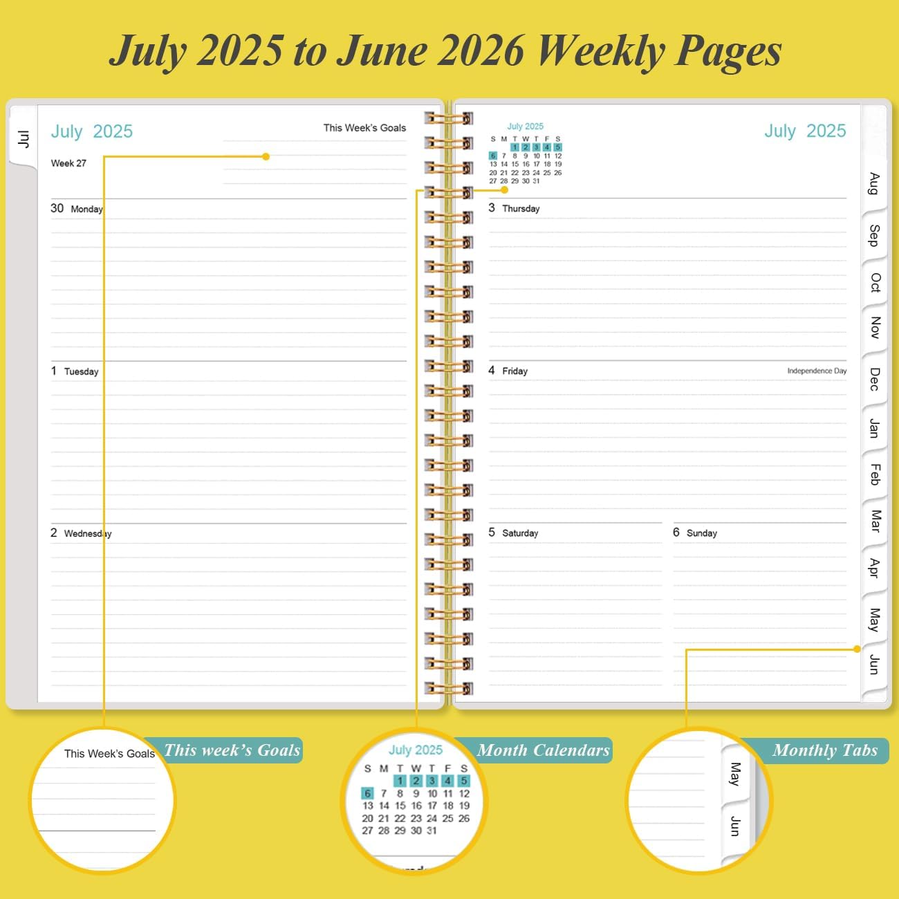 Planner 2025-2026 - A5 Weekly & Monthly Planner Spiral Bound, July 2025 - June 2026, Academic Planner 2025-2026 with Flexible Cover, Tabs, Inner Pocket, 6.4" x 8.5", Yellow