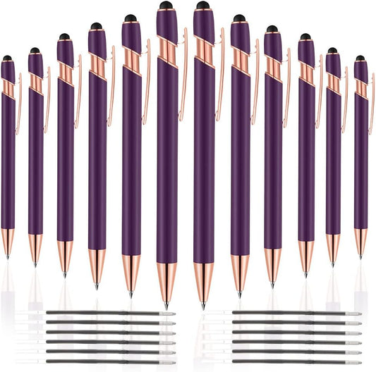 12 PCS 2 in 1 Stylus Ballpoint Pen with Stylus Tip, 1.0 mm Black Ink Metal Pen Stylus Pen for Touch Screens (Rose Gold & Purple)