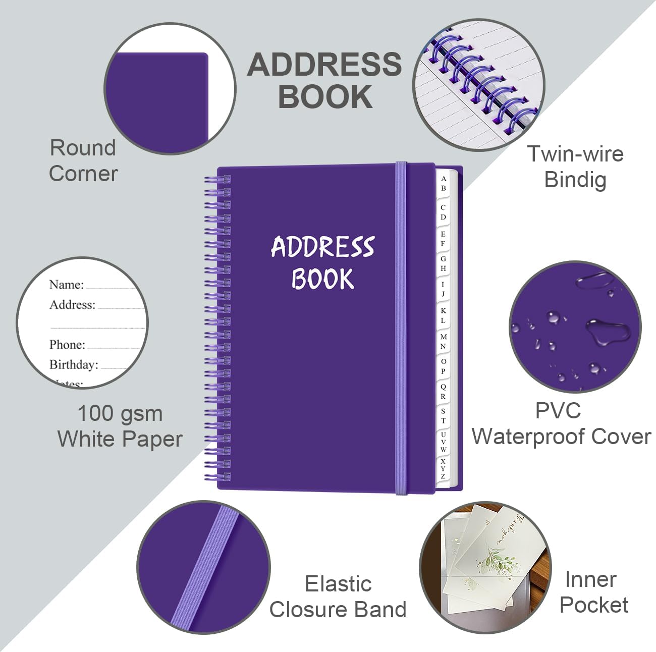 Address Book with Alphabetical Tabs - A5 Telephone & Address Book with Address Contacts, Special Date, Phone, Birthday & Internet Login Password for Home and Office, 6.2" x 8.5", Purple