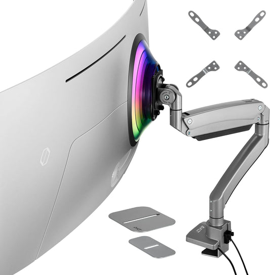 AVLT Single 17"-57" Super Ultrawide Monitor Arm for Screens Up to 59.5 lbs, Premium Aluminum Desk Stand, Adjustable Pneumatic Height, Full Motion Swivel Tilt Rotation, USB-C & USB-A Ports, Gray