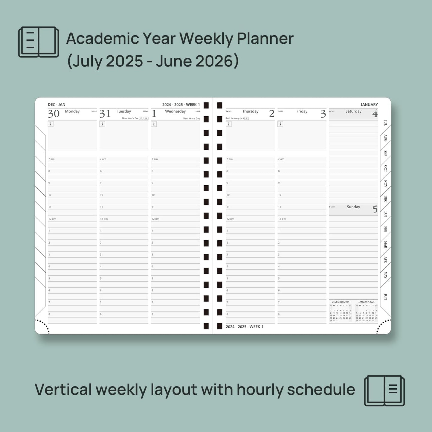 POPRUN Planner 2025-2026 (Medium - 6.5'' x 8.5'') Academic Weekly Calendar (July 2025 - June 2026) with Hourly Time Slots, Monthly Tabs, 100GSM Thick Papers, Spiral Leather Cover - Black