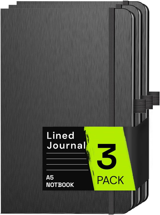 A5 Lined Journal Notebook, 7mm College Ruled Notepad, Journaling for Writing, Work, School, Travel and Note Taking, Hardcover 160 Pages (80 Sheets) 5.79 x 8.3 inches (3 Pack Black)