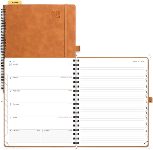 POPRUN Planner 2025-2026 Weekly Planner Notebook (Large 8.5''x 10.5'') Academic Calendar (JUL.25 - JUN.26) Appointment Book with Monthly Tabs, Spiral Soft Cover, Inner Pocket, 100 GSM - Brown