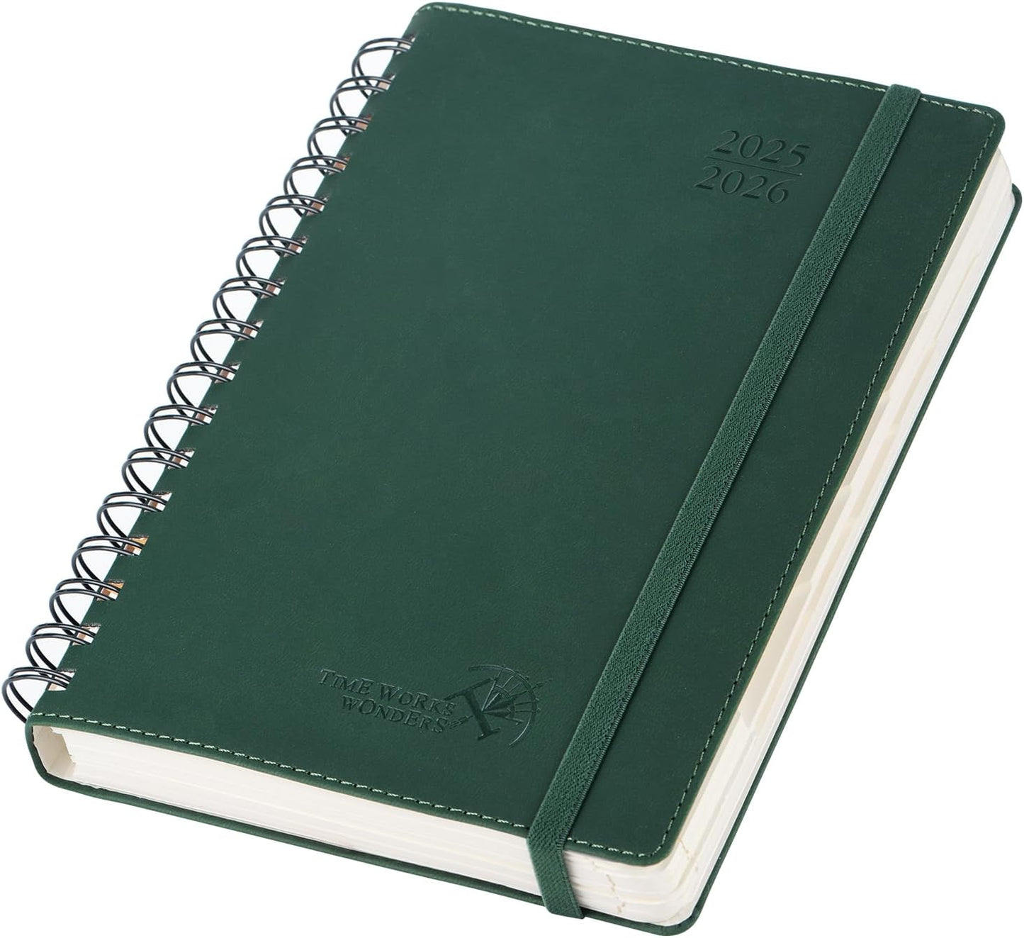 POPRUN Daily Planner 2025-2026 One Page per Day (6'' x 8.5'') with Spiral Bound Leather Soft Cover, Academic Year Appointment Book (Jul.2025 - Jun.2026) with Hourly Slots, Inner Pocket- Forest Green