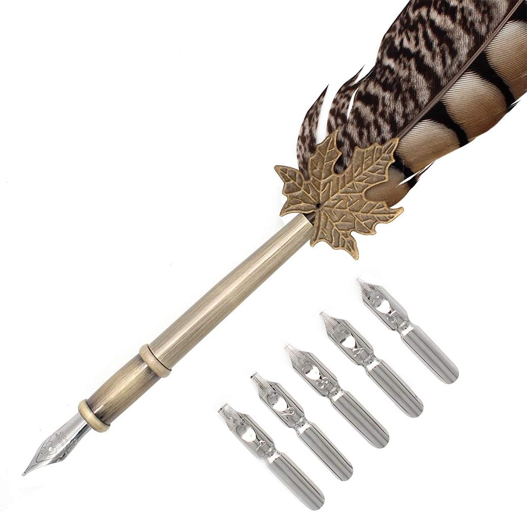 Gullor Quill Handcraft Feather Dip Pen Stem Metal Nib Pen Writing Quill with 5 Extra Nibs, Style D