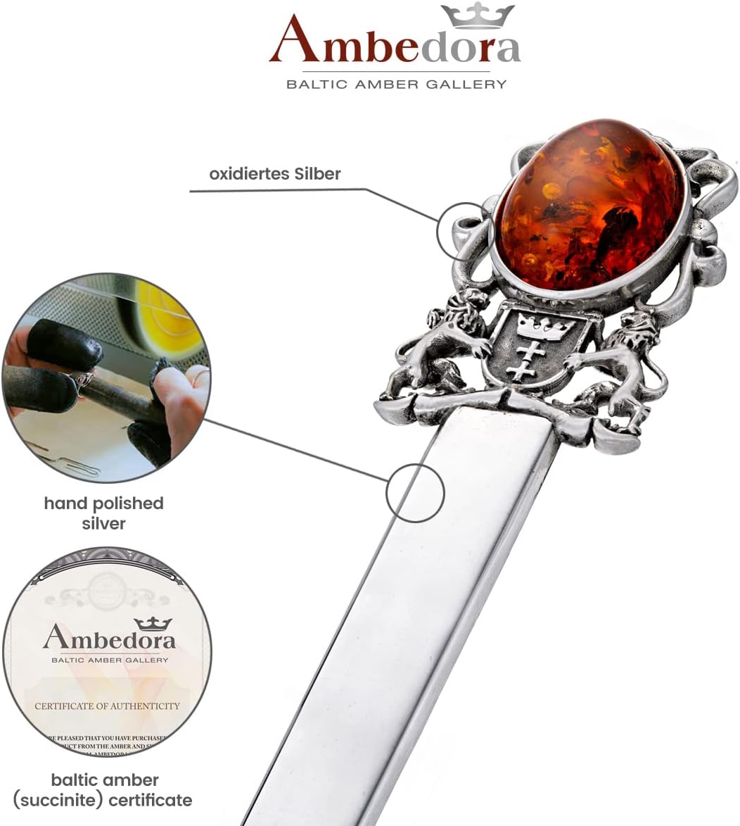 Silver Letter Opener with Baltic Amber, Oxidised Sterling Silver, Paper Knife with The Coat of Arms of Gdansk