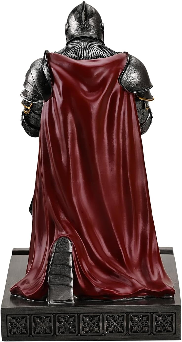 Medieval Armored Warrior Wearing Outerwear, Mobile Phone Stand Knight Pen Holder Desk Organizers, Resin Bookends Paperweight with a Letter Opener for Desk (Iron)