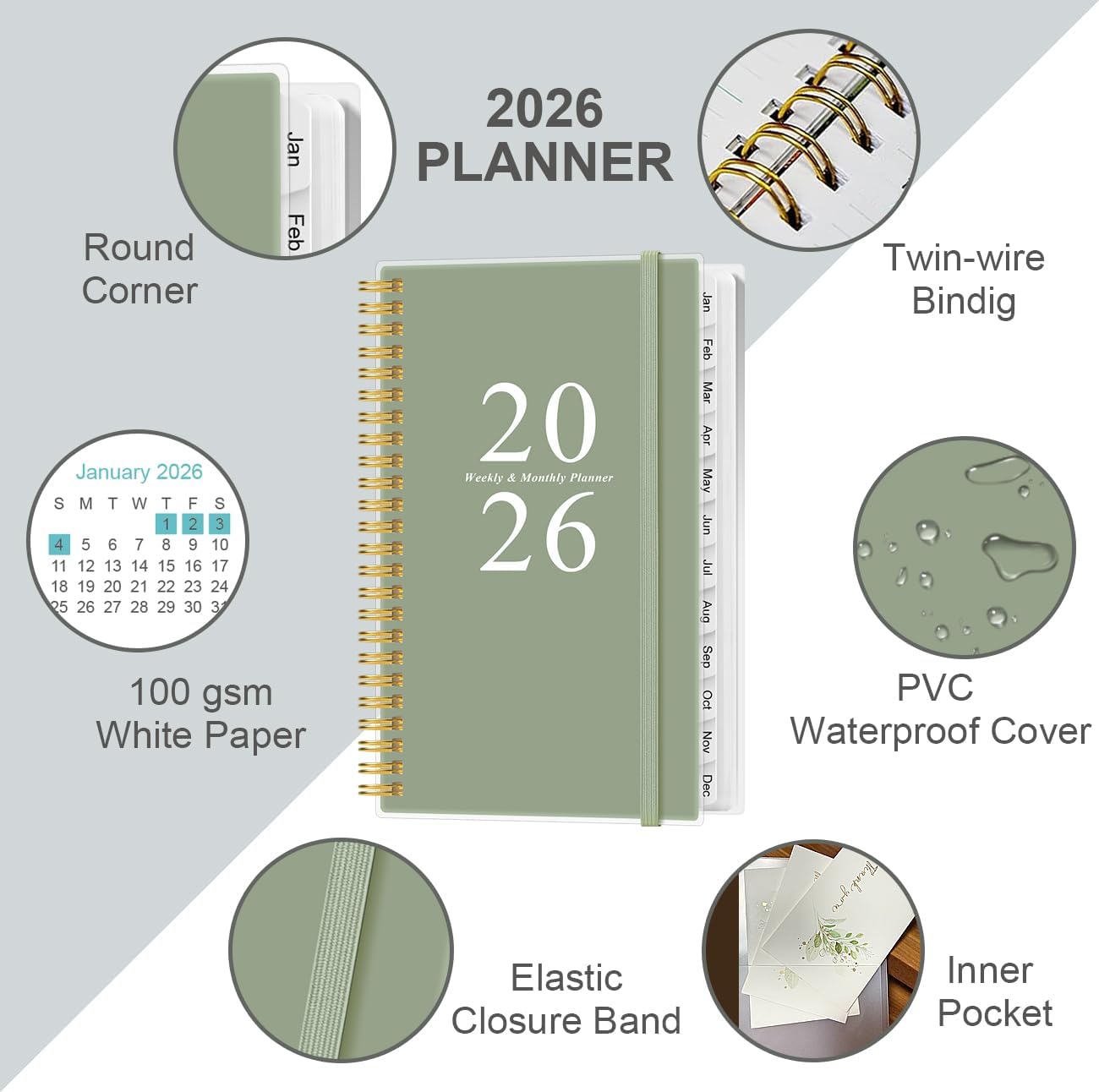 2026 Pocket Planner/Calendar - 2026 Planner from January 2026 - December 2026, Planner 2026 with 12 Tabs, Twin-Wire Binding, Inner Pocket, 3.75" x 6.75", Green