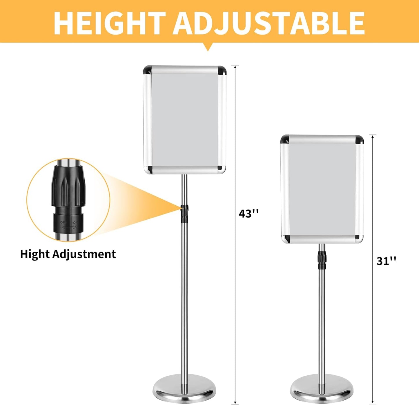 2 Pack Sign Holder Stand 8.5 x 11, With 3-Prong-Base & Round Base, Poster Stand Aluminum Snap Open Frame for A4 Size Outdoor Indoor Sign Stand, Height Adjustable-Silver