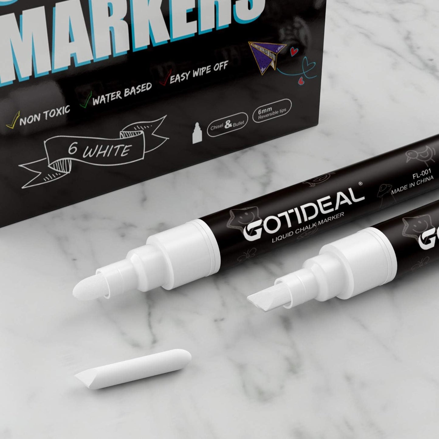 GOTIDEAL White Liquid Chalk Markers, 12 Pack Chalkboard Markers, Chalk Pens for Car Windows, Signs, Blackboard, Glass Painting, Erasable 6mm Reversible Chisel & Bullet Tip-…