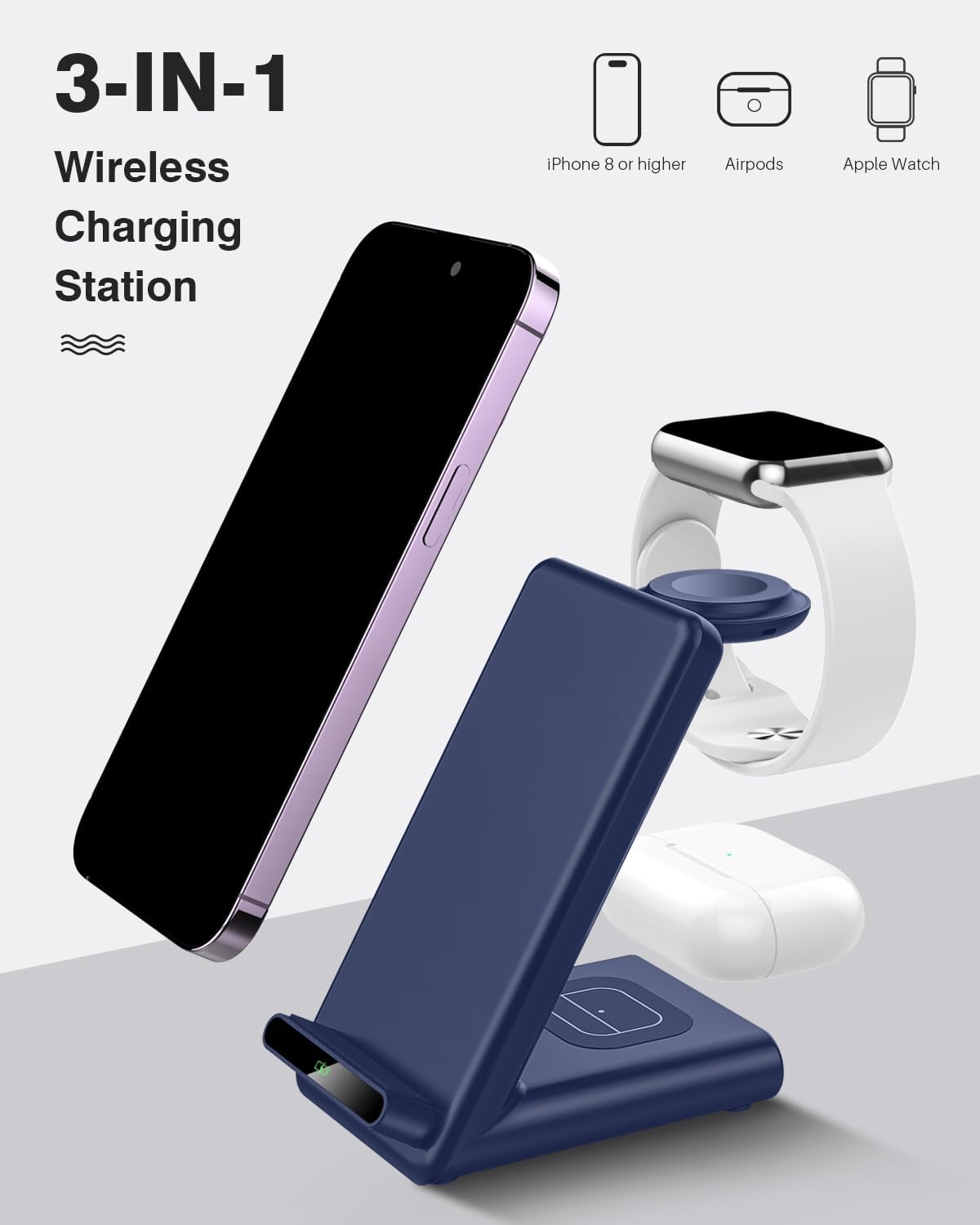 Wireless Charging Station,3 in 1 Charging Stand Made for Apple Watch Ultra 11 10 9 8 7 6 SE 5 4 3,Fast Wireless Charger Made for iPhone 17/Air/16/15/14/13/12/11,for AirPods Pro 3(with Adapter) (Blue)