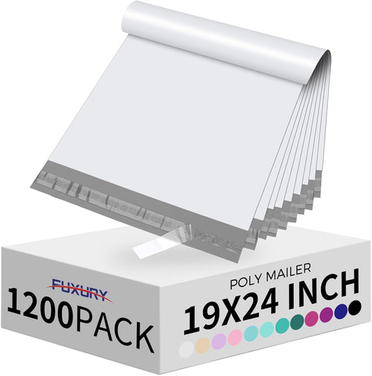 Fuxury Poly Mailers 19x24 Inch 1200 Pack, Bulk Shipping Bags for Clothing, Strong Adhesive Shipping Envelopes for Small Business Suppliers,Waterproof Mailers Poly Bags Mailing Envelopes White