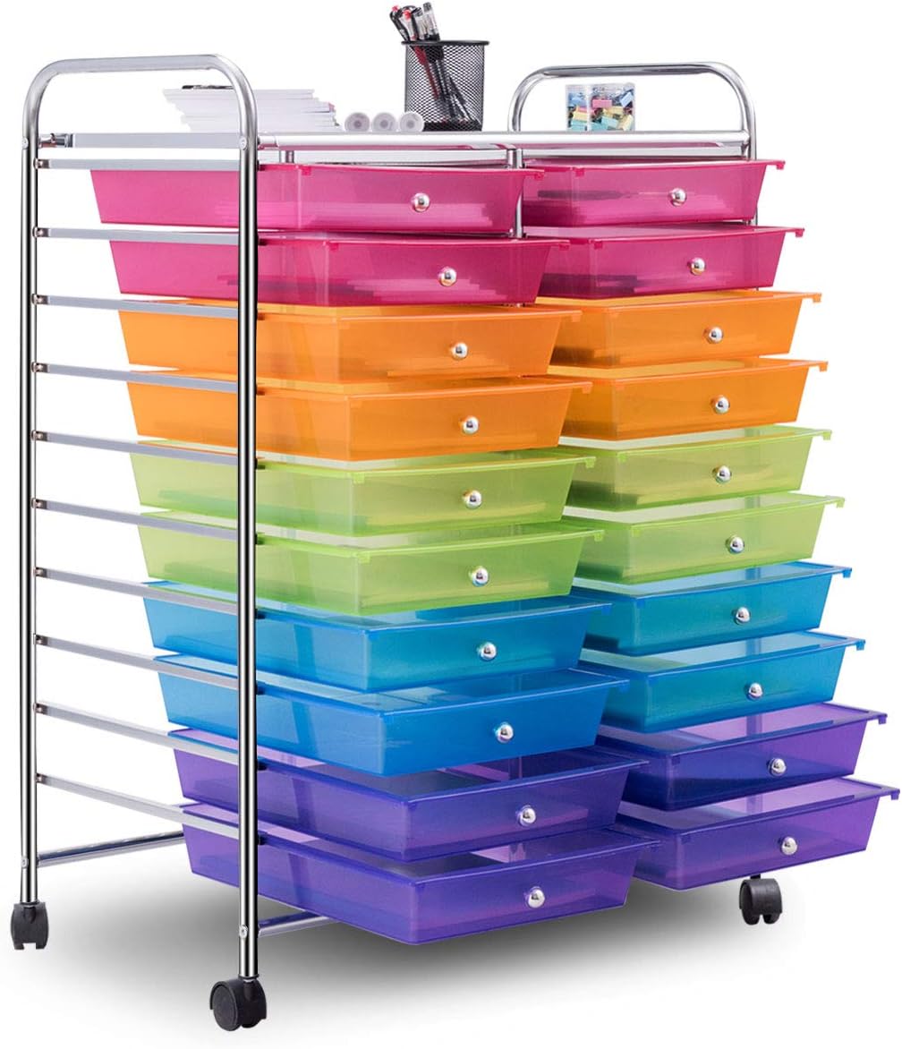 Giantex 20 Drawer Rolling Storage Cart Tools Scrapbook Paper Office School Organizer, Multicolor