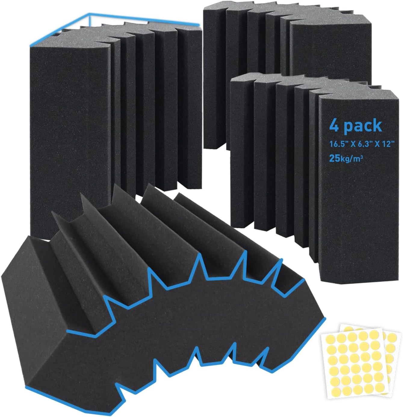 4 Pack Curved Bass Traps Corner Acoustic Foam, Large Size 16.5" X 6.3" X 12" Sound Absorbing Corner Bass Traps for Studio and Home Theater Low Frequency