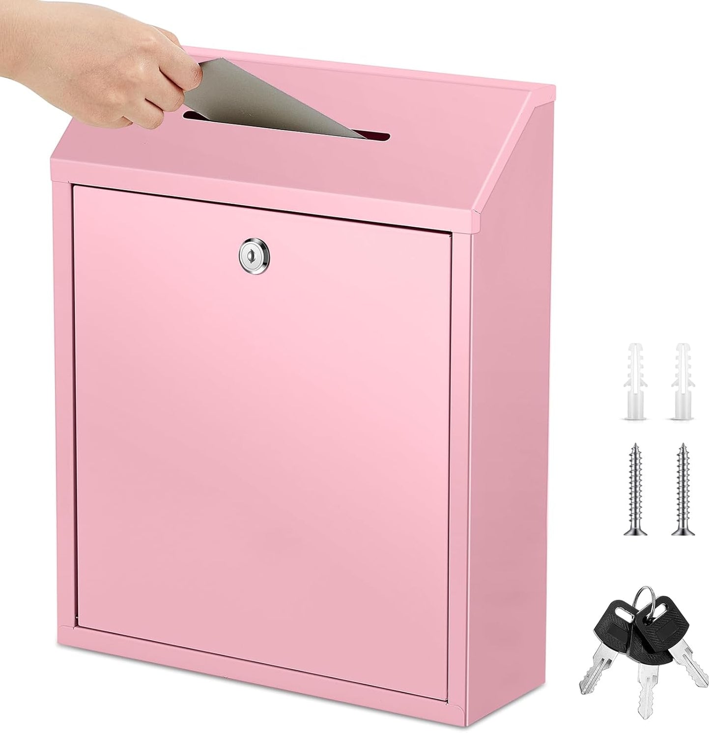 Metal Donation Cash Box Collection Safe Suggestion Box with Lock Wall Mounted Mailbox Delivery Ballot Container for Home Office Outdoor Door(Pink,15 x 12 x 4 Inch)
