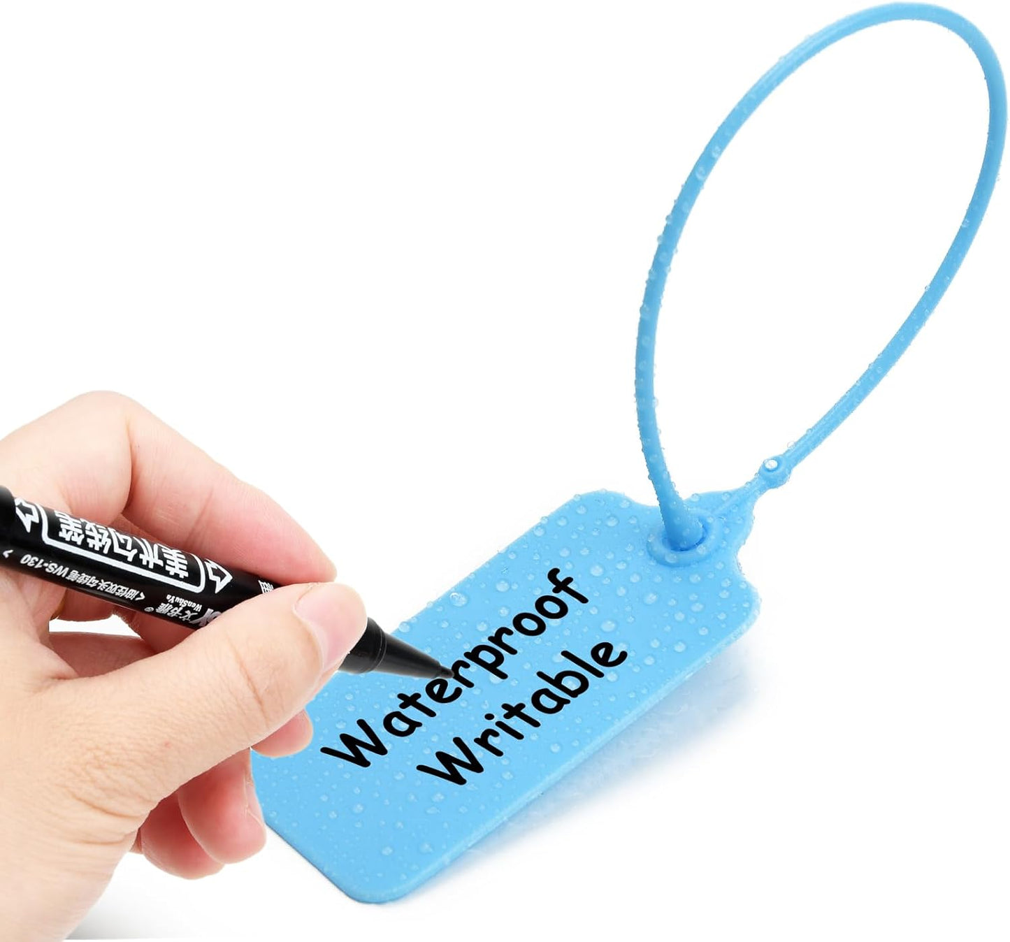 100 Blue Blank Plastic Tags for Labeling Waterproof Hanging Labels Writable Tags Seal Plastic Marking Label for Clothes Bags Keys Inventory with One Marker Pen