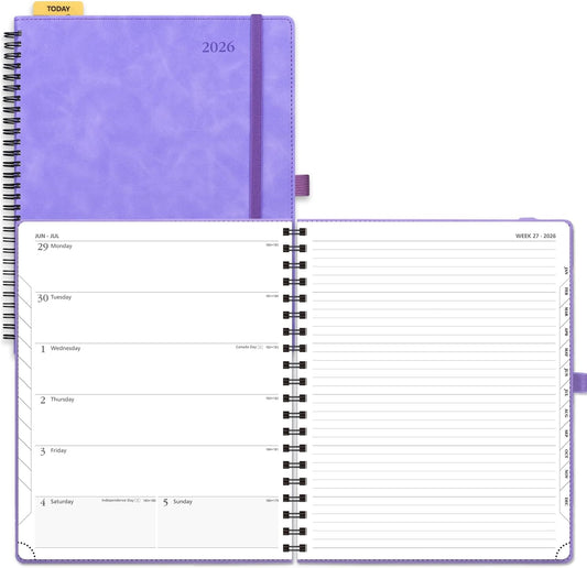 POPRUN 2026 Planner Weekly Notebook Calendar (Jan-Dec), Large Size 8.5'' x 10.5'' - Agenda 2026 Appointment Book with Monthly Tabs, Inner Pocket, Spiral Soft Cover, 100 GSM - Lilac