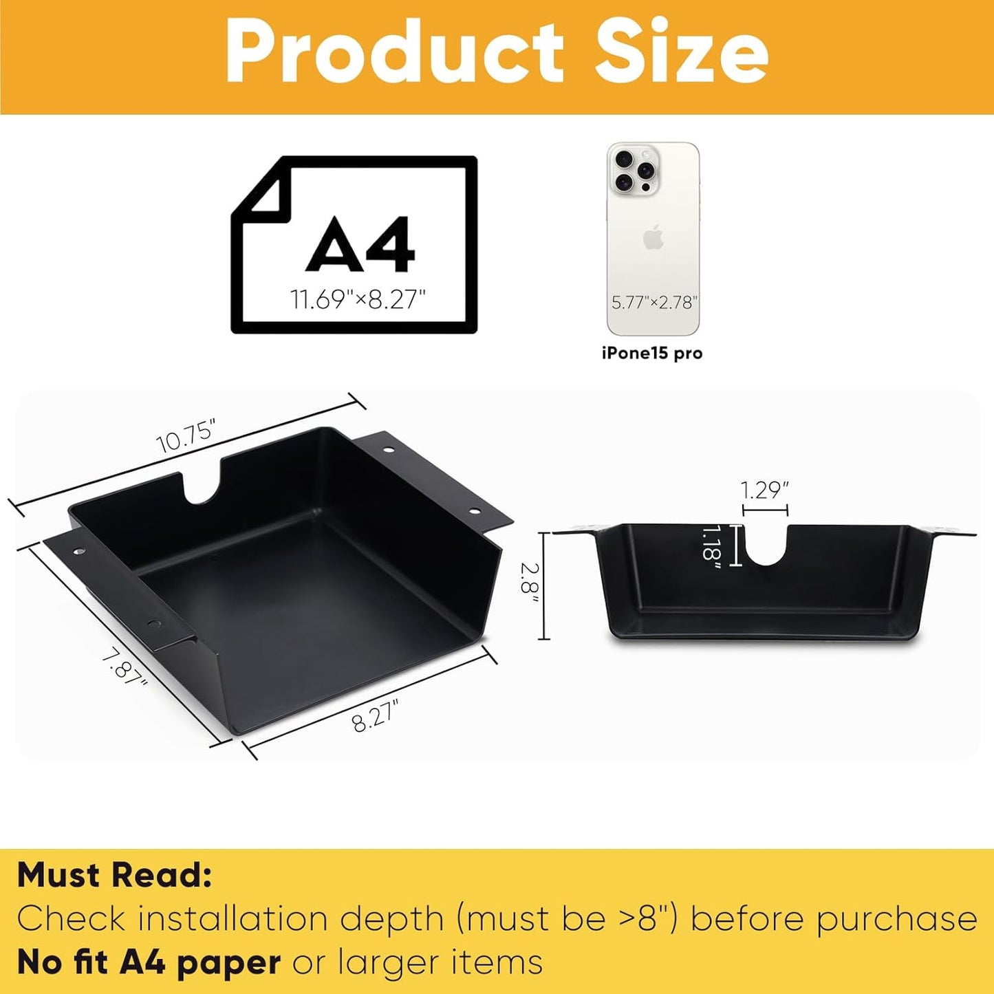 2 Pack Under Desk Hanging Shelf Drawer Organizer, Attachable Plastic Hidden Storage Tray, Easy Adhesive Mount Holder for Standing Tables, Office, Counters, Cabinets, Workstations - Black