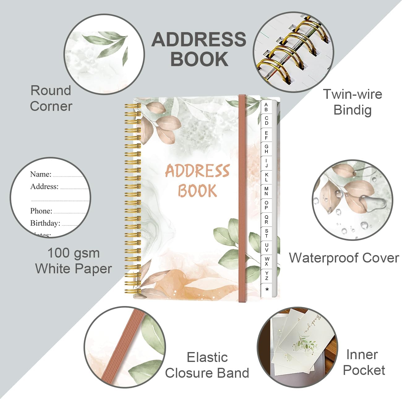 Address Book with Alphabetical Tabs - Small Address Book Spiral with Address Contacts, Special Date, Phone, Birthday & Internet Login Password for Home and Office, 4.3" x 6.2", Rose Leaf