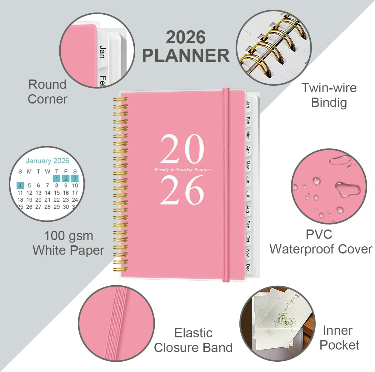 2026 Planner - A5 Weekly & Monthly Planners Spiral Bound, January 2026 - December 2026, 2026 Planner with Flexible Cover, Tabs, Inner Pocket, 6.4" x 8.5", Pink
