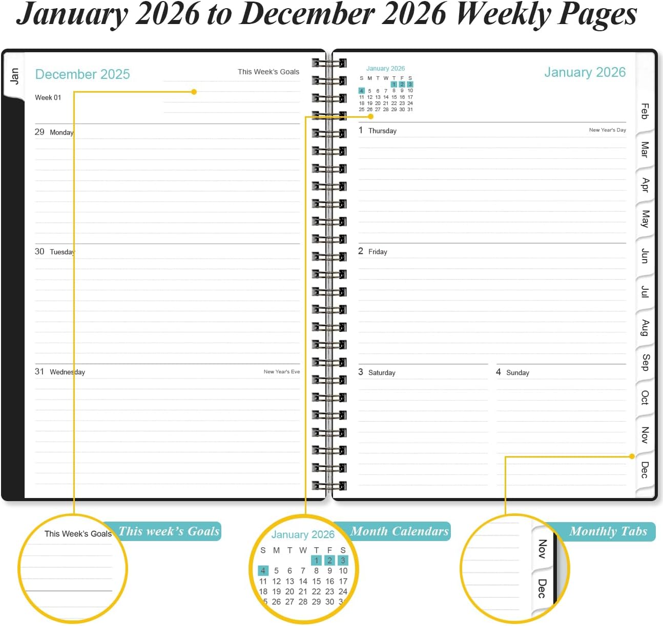 2026 Planner - Weekly and Monthly Calendar Planner from Jan 2026 - Dec 2026, Planner 2026 Spiral Bound with 12 Monthly Tabs, Inner Pocket, Perfect for School Office Supplies, 6.4" x 8.5", Black-C